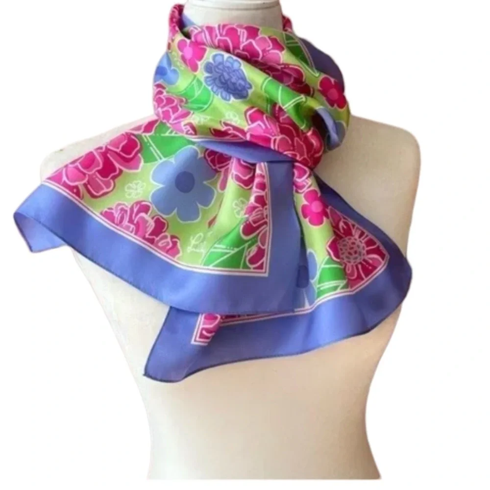 Lilly Pulitzer 100% Silk Ford Floral Scarf Blue Pink Cancer Awareness Versatile